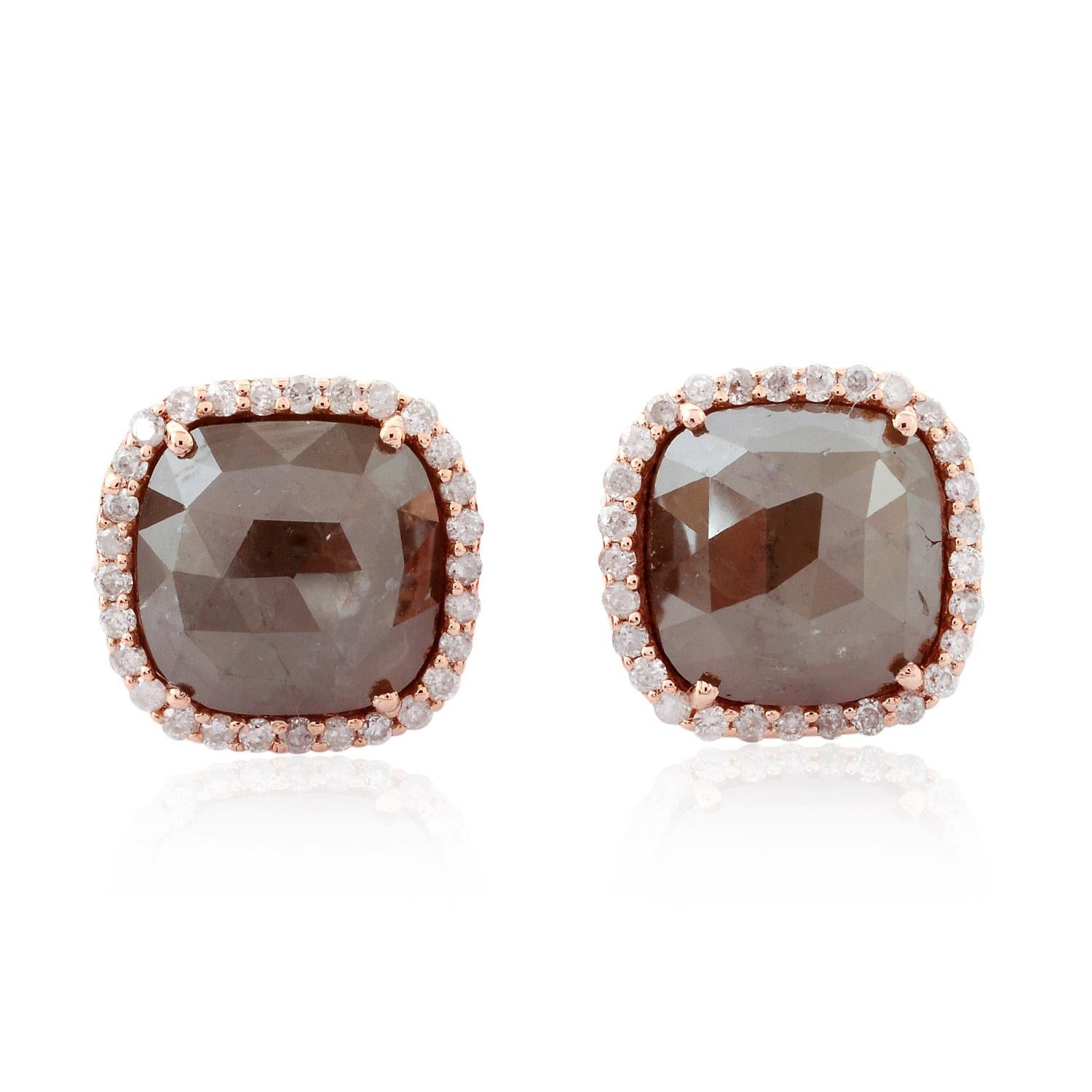 Mixed Cut Cushion Cut Ice Diamond Stud Earrings with Pave Diamonds Made in 18k Rose Gold For Sale