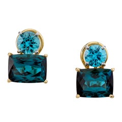 Cushion Cut Indicolite Tourmaline Earrings with Natural Zircons, 18 Karat Gold