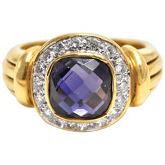 Cushion Cut Iolite and Diamond Ring 18 Karat Yellow Gold