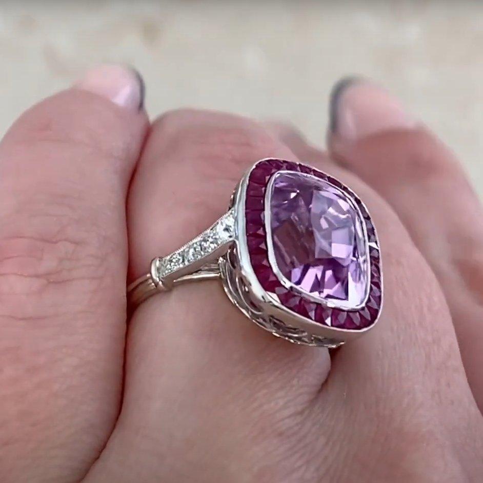 Cushion Cut Kunzite (Approx 9.90-Carats) with Ruby Halo Ring, Platinum In Excellent Condition For Sale In New York, NY