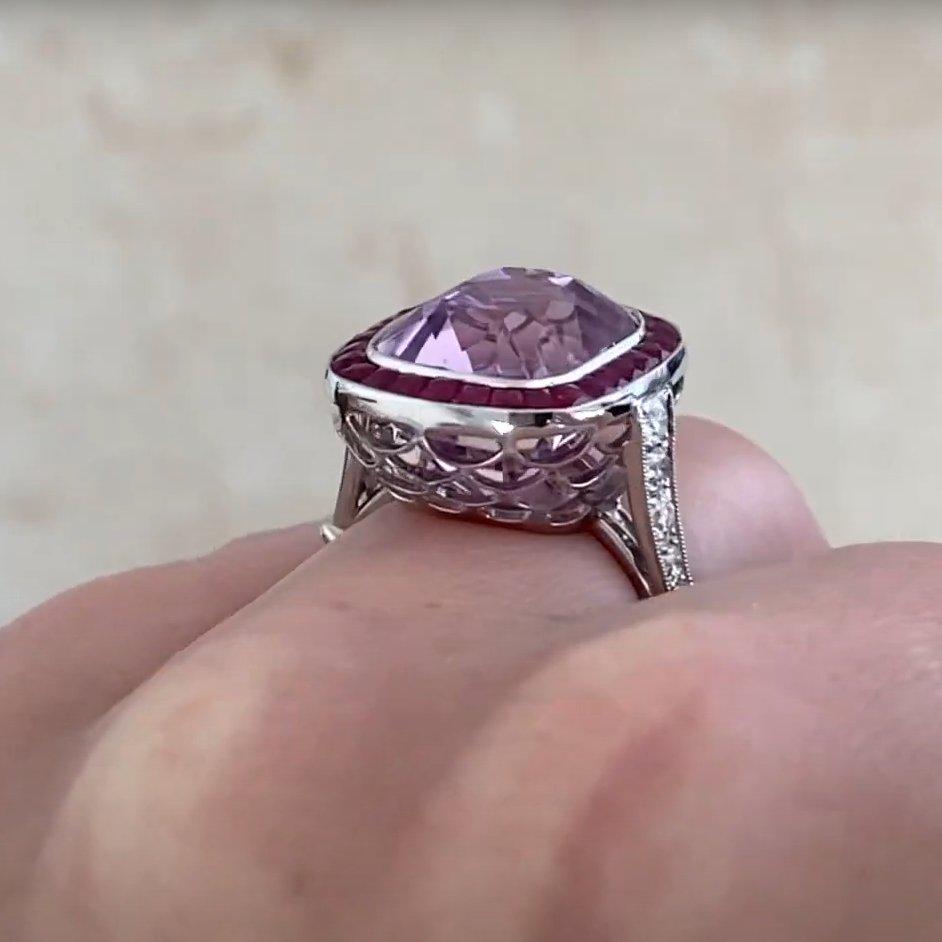 Women's Cushion Cut Kunzite (Approx 9.90-Carats) with Ruby Halo Ring, Platinum For Sale