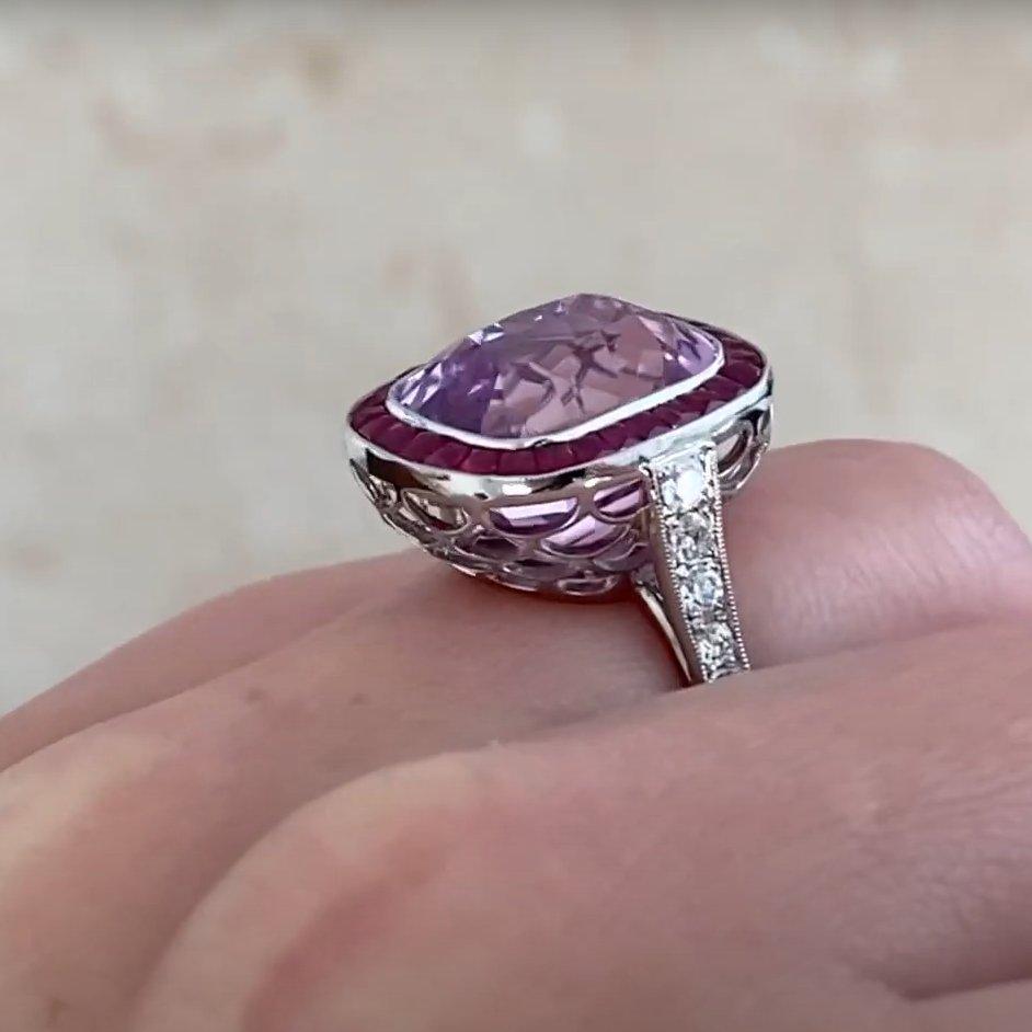 Cushion Cut Kunzite (Approx 9.90-Carats) with Ruby Halo Ring, Platinum For Sale 1