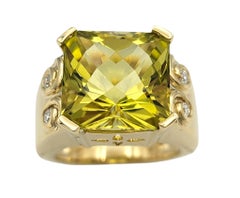 Cushion Cut Lemon Citrine Cocktail Ring with Diamonds in 14 Karat Yellow Gold