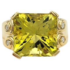 Cushion Cut Lemon Citrine Cocktail Ring with Diamonds in 14 Karat Yellow Gold