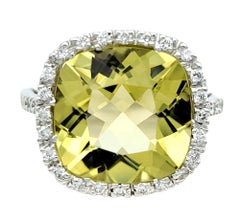 Cushion Cut Lemon Quartz and Diamond Halo Cocktail Ring in 18 Karat White Gold