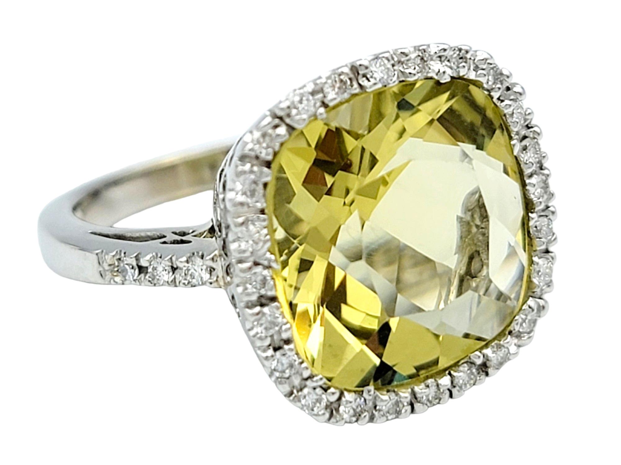 Contemporary Cushion Cut Lemon Quartz and Diamond Halo Cocktail Ring in 18 Karat White Gold For Sale