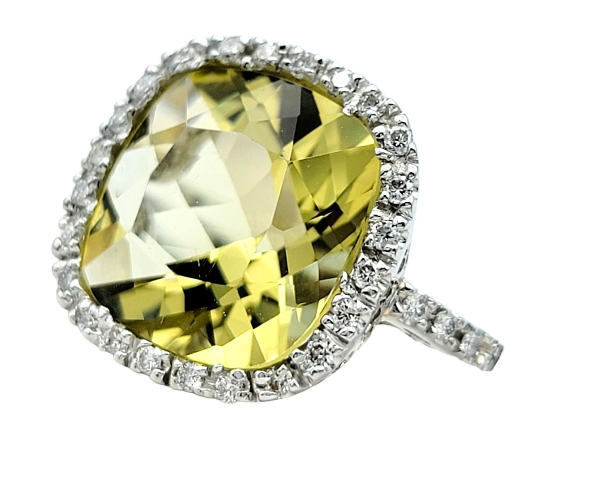 Cushion Cut Lemon Quartz and Diamond Halo Cocktail Ring in 18 Karat White Gold In Excellent Condition For Sale In Scottsdale, AZ