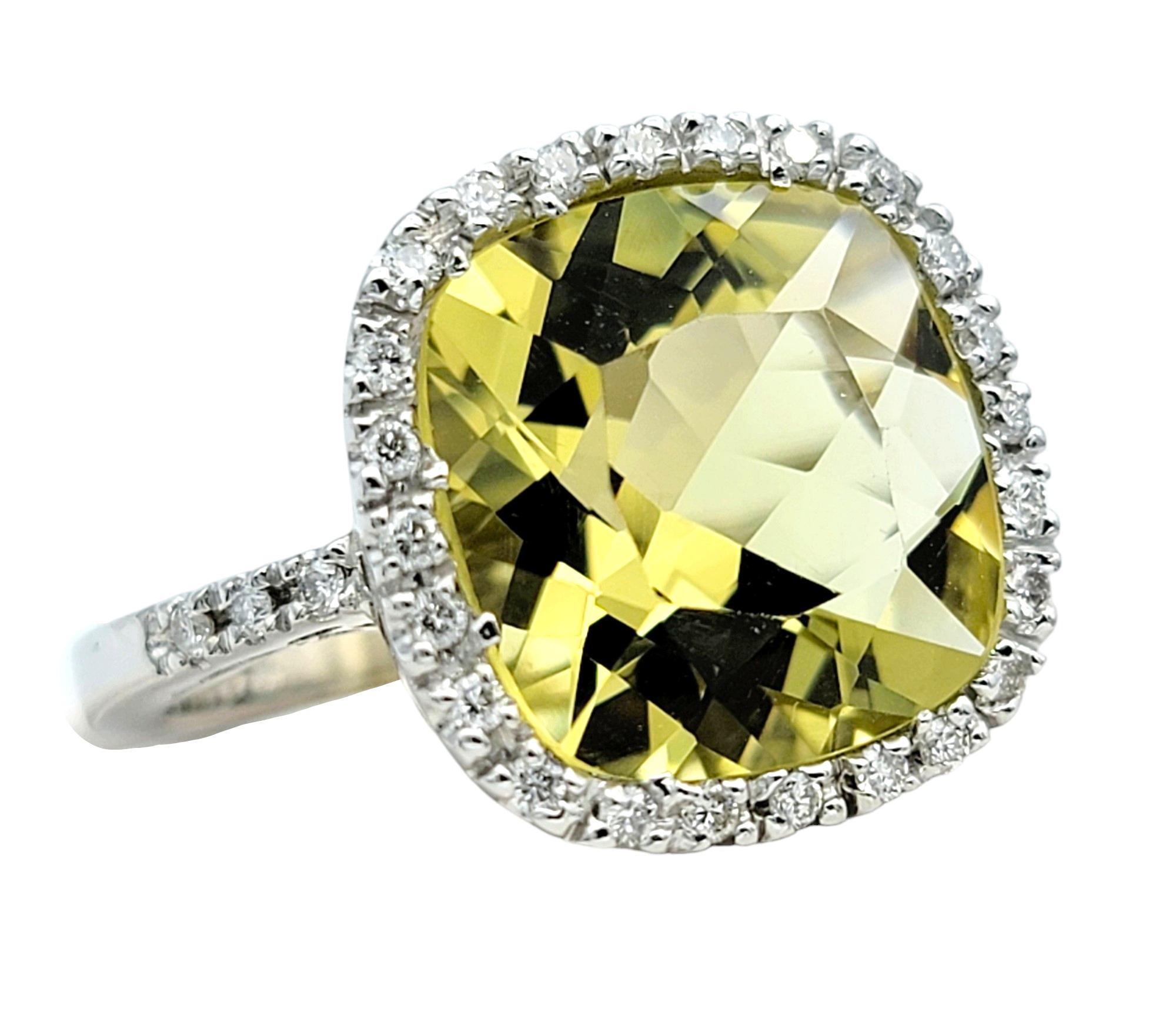 Women's Cushion Cut Lemon Quartz and Diamond Halo Cocktail Ring in 18 Karat White Gold For Sale