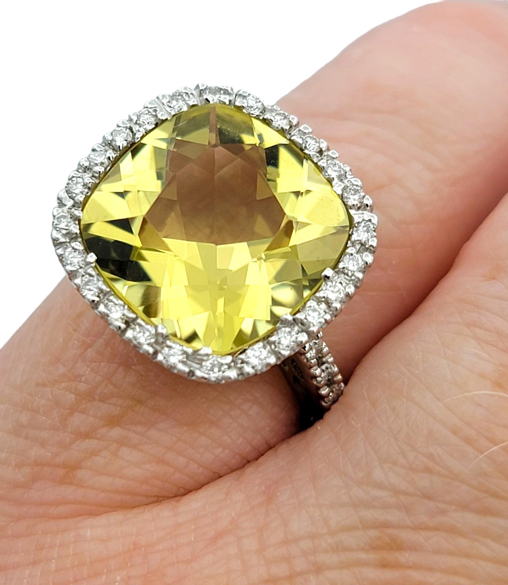 Cushion Cut Lemon Quartz and Diamond Halo Cocktail Ring in 18 Karat White Gold For Sale 1