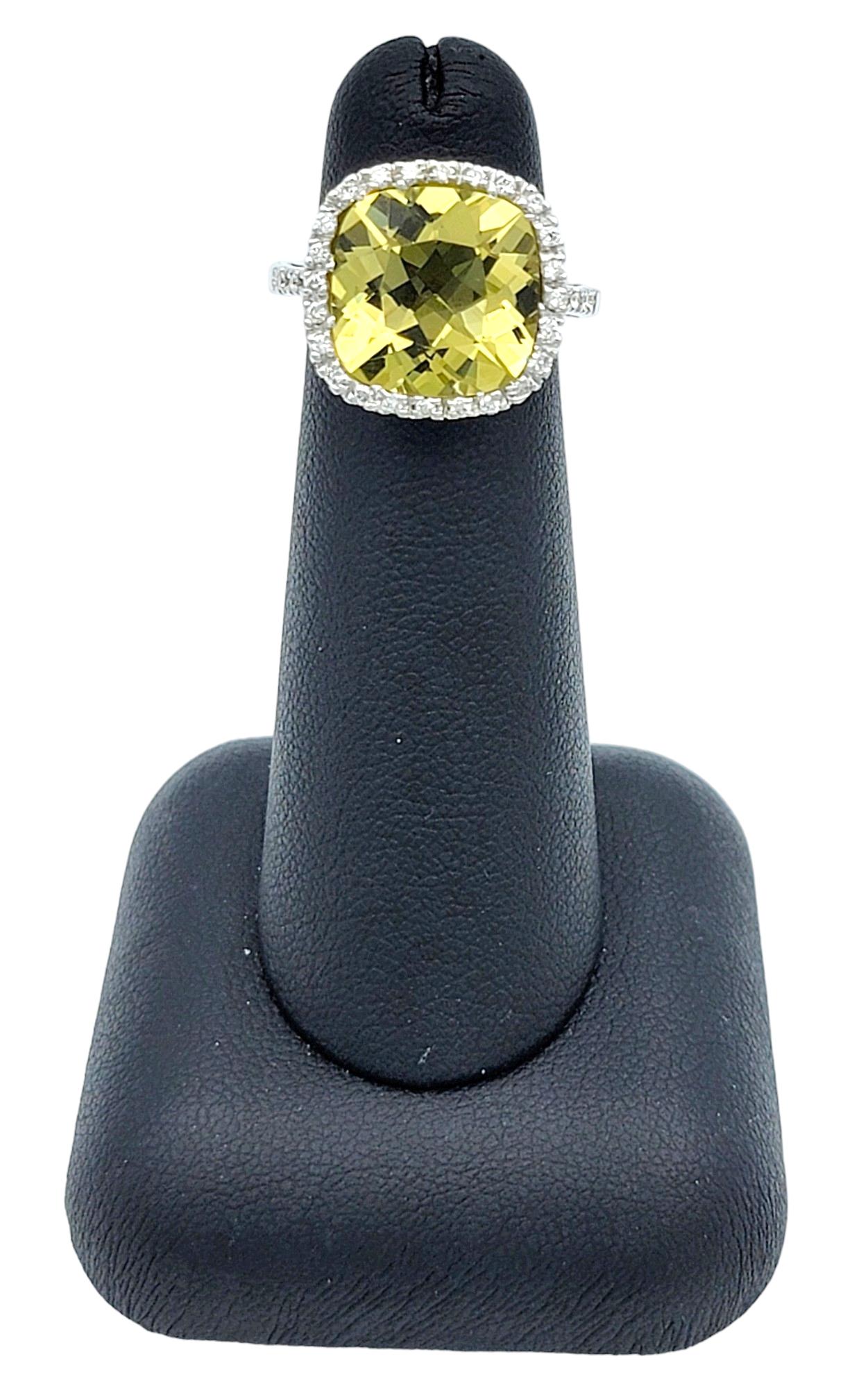 Cushion Cut Lemon Quartz and Diamond Halo Cocktail Ring in 18 Karat White Gold For Sale 2