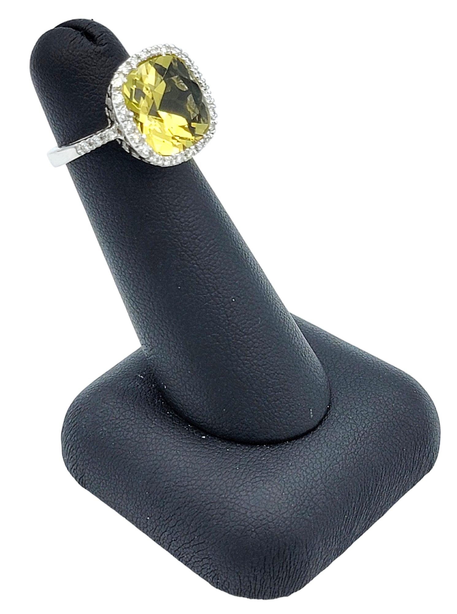 Cushion Cut Lemon Quartz and Diamond Halo Cocktail Ring in 18 Karat White Gold For Sale 3