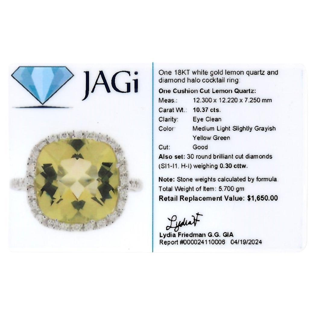 Cushion Cut Lemon Quartz and Diamond Halo Cocktail Ring in 18 Karat White Gold For Sale 4