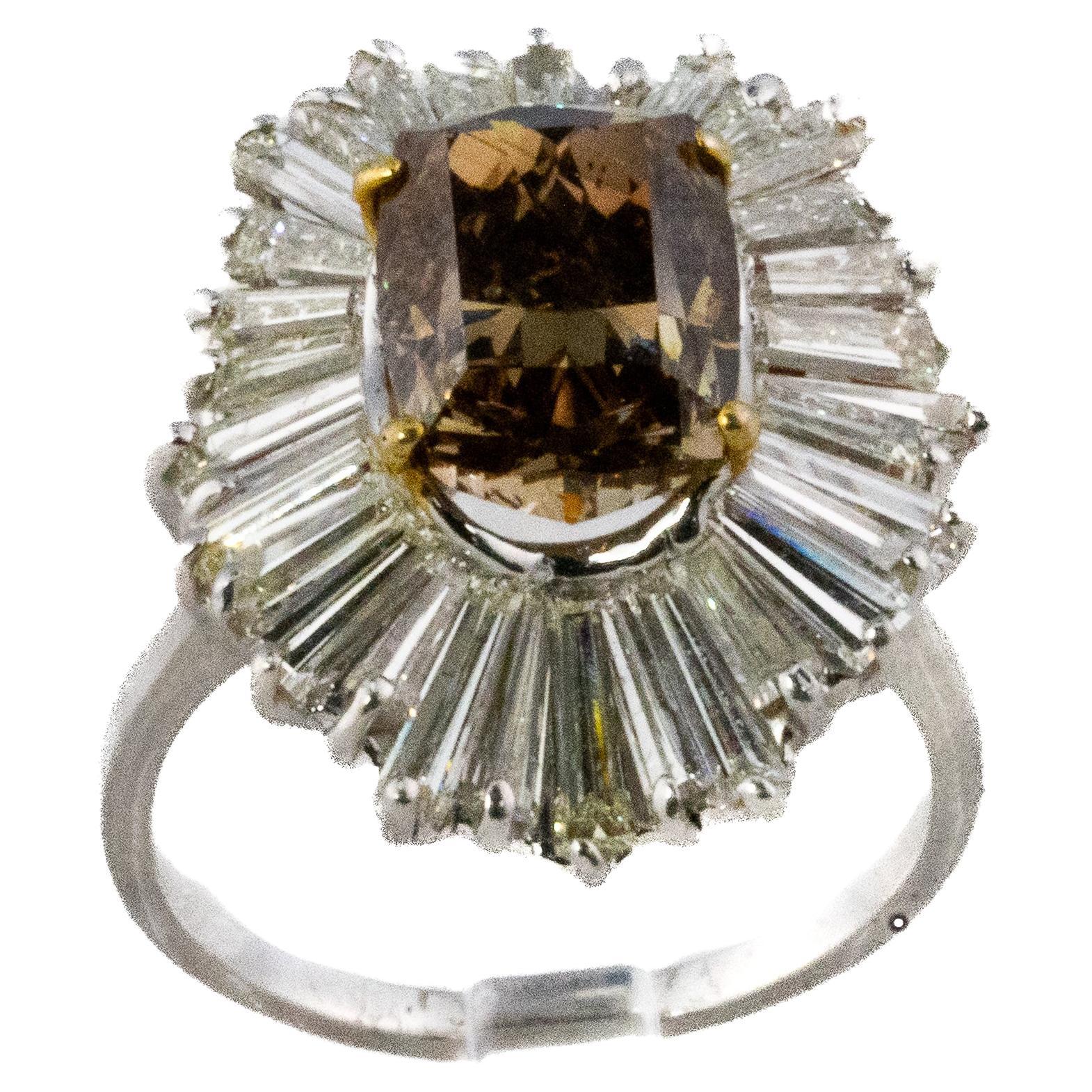 Cushion Cut Light Brown Diamond and Baguette Diamond Halo Ballerina Ring en vente