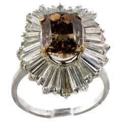 Cushion Cut Light Brown Diamond and Baguette Diamond Halo Ballerina Ring