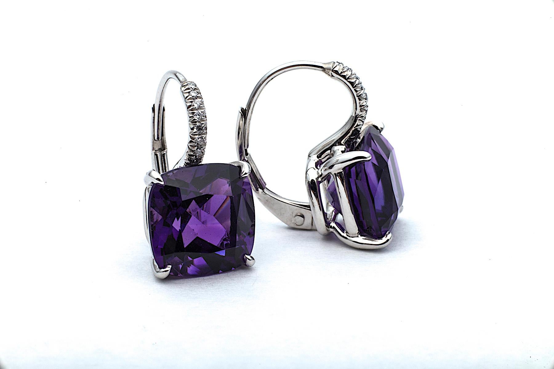 Cushion Cut Medium Size Amethyst Diamond Platinum Drop Earrings In New Condition In Greenwich, CT