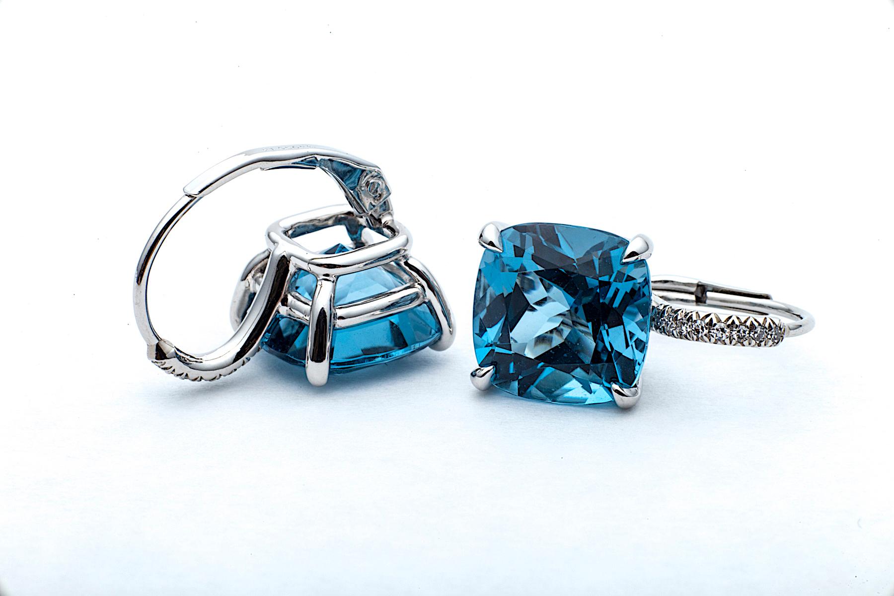 Contemporary Cushion Cut Medium Size Deep Blue Topaz Diamond Platinum Drop Earrings