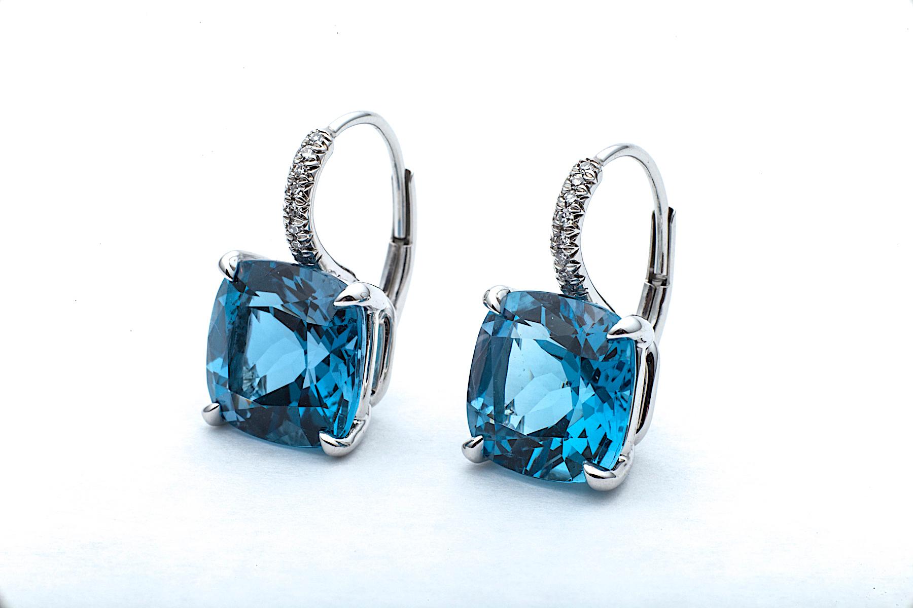 Cushion Cut Medium Size Deep Blue Topaz Diamond Platinum Drop Earrings In New Condition In Greenwich, CT