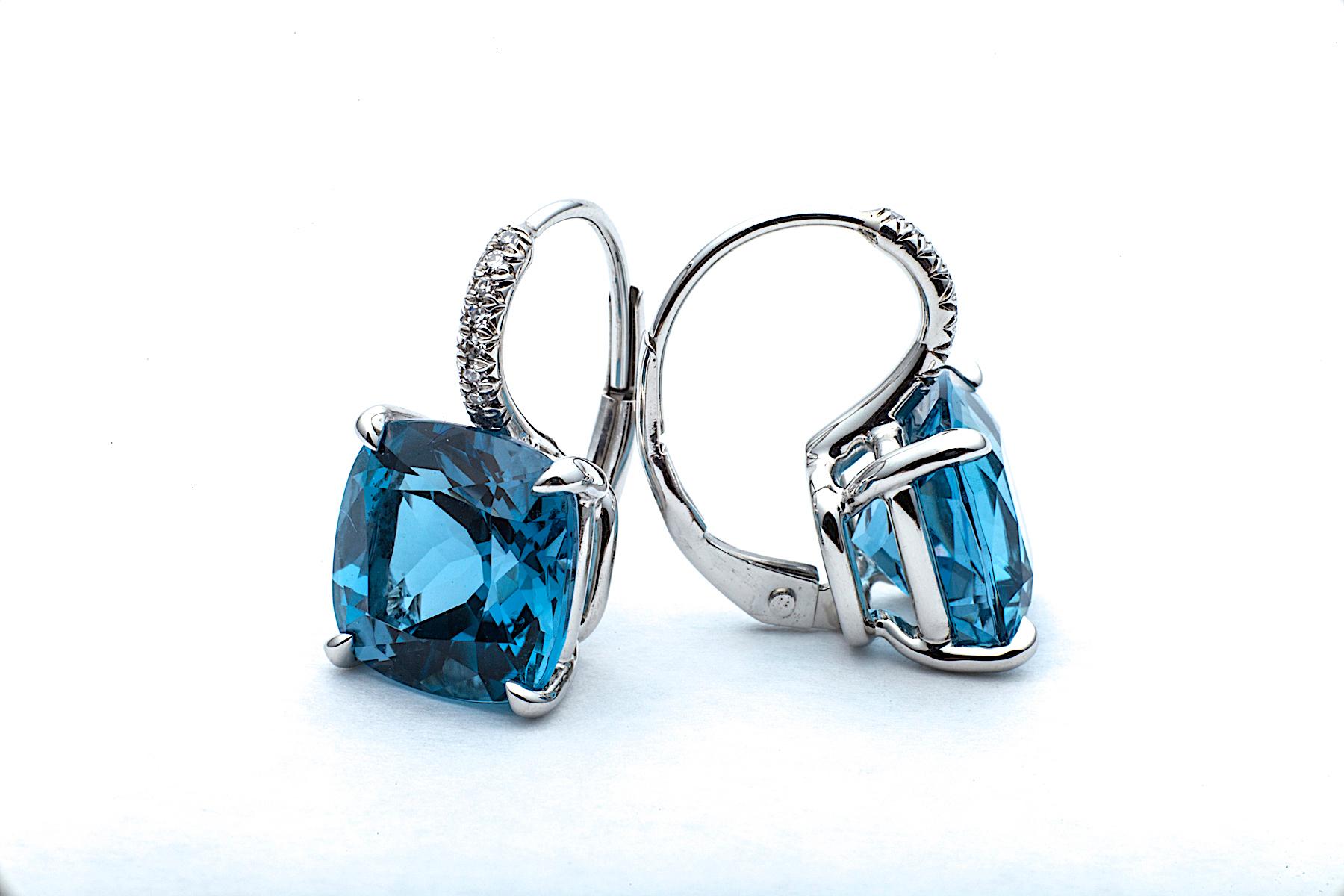 Women's Cushion Cut Medium Size Deep Blue Topaz Diamond Platinum Drop Earrings