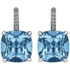 Cushion Cut Medium Size Deep Blue Topaz Diamond Platinum Drop Earrings