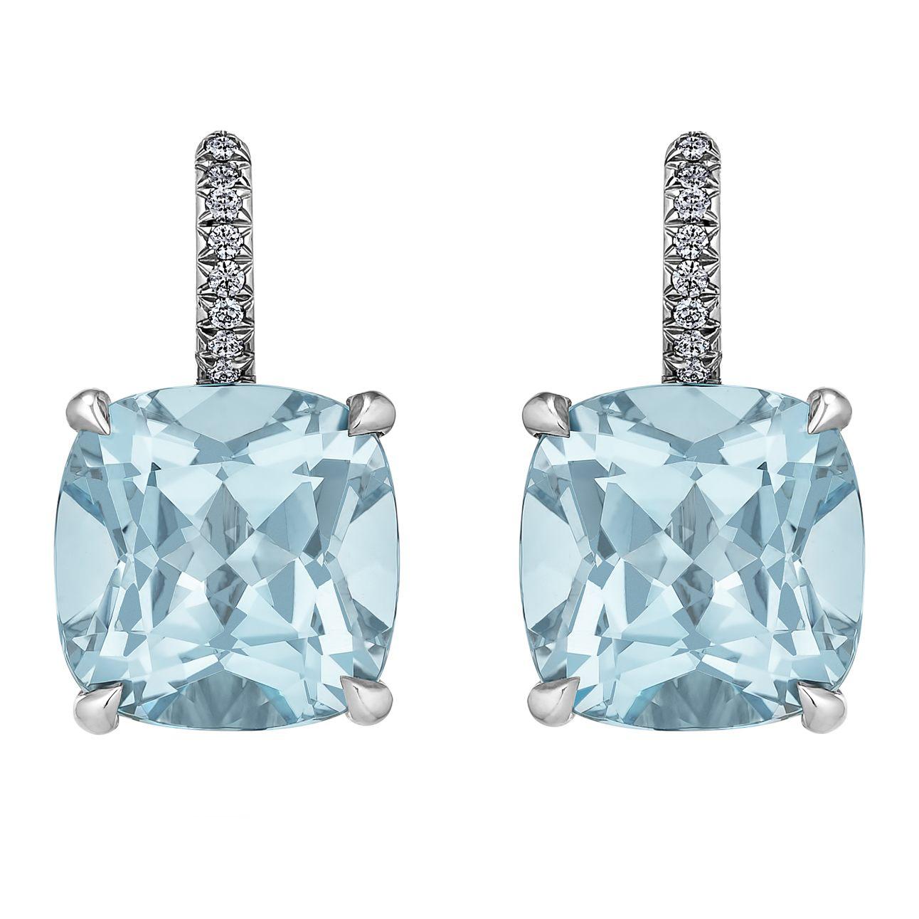 Cushion Cut Medium Size Light Blue Topaz Diamond Platinum Drop Earrings