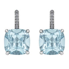 Cushion Cut Medium Size Light Blue Topaz Diamond Platinum Drop Earrings