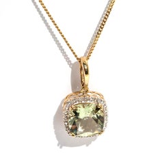 Cushion Cut Mint Quartz and Diamond 9 Carat Yellow Gold Pendant with Chain