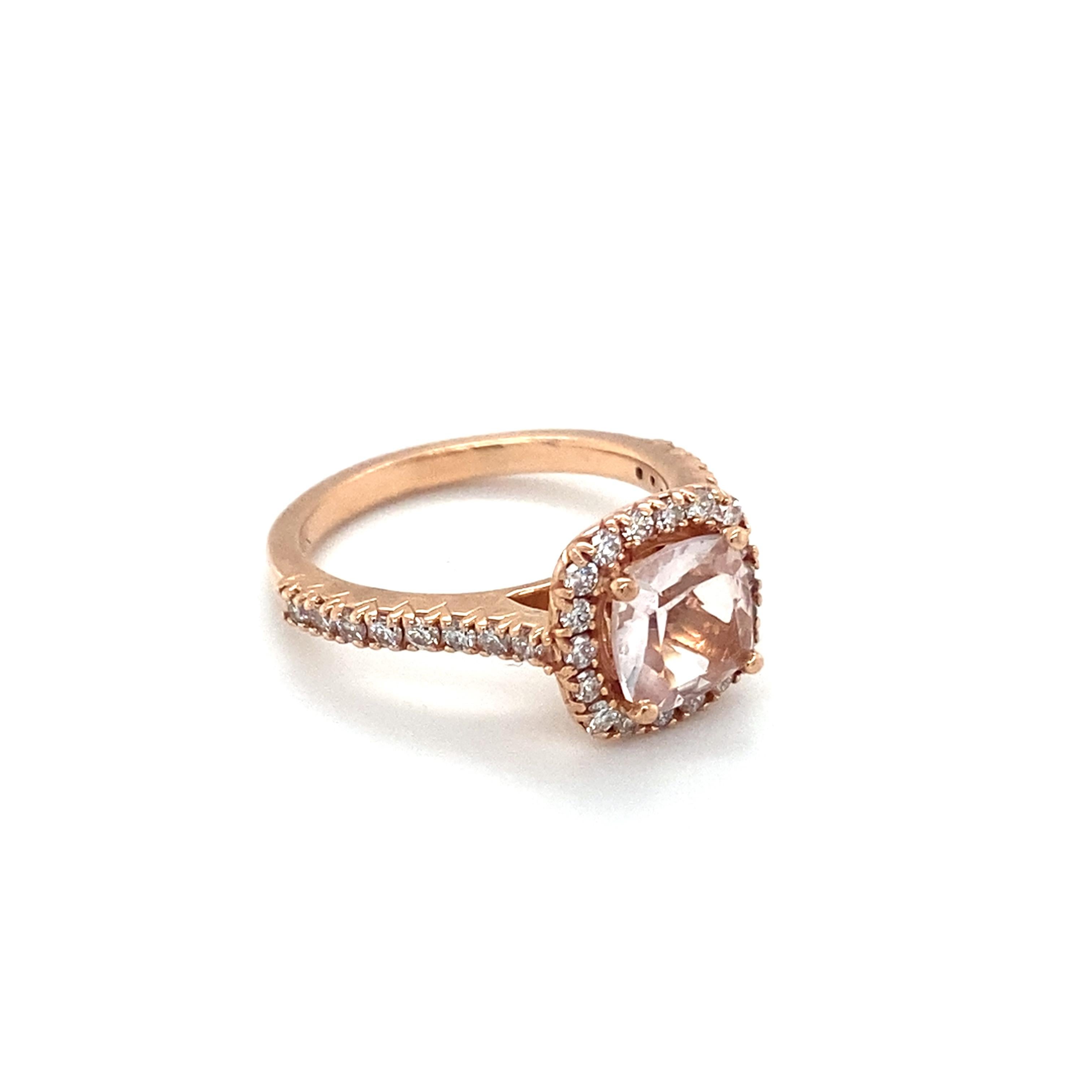 Item Details:
Modern Ring, made by Verma Group featuring Morganite center stone and Diamonds
Size:  6 (can be resized)
Metal: 14 Karat Rose Gold
Weight: 4.12 grams

Diamond Details:
Carat: 0.40 carat total weight
Cut: Round
Color: G-H
Clarity: