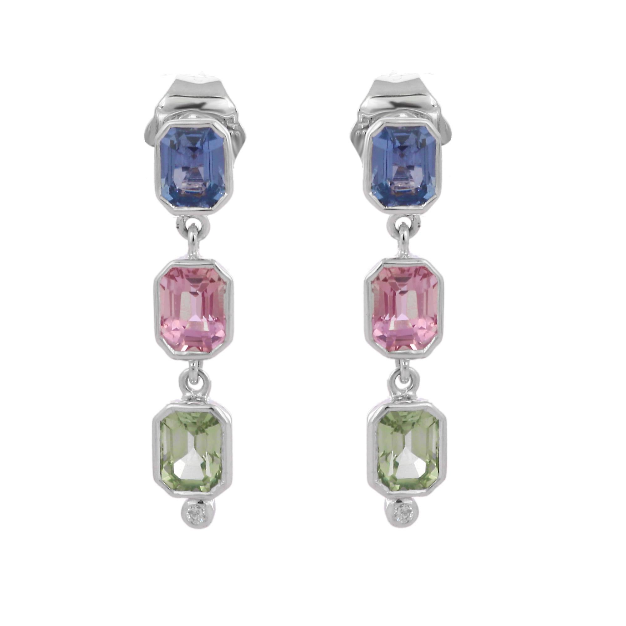 Cushion Cut Multi Sapphire and Diamond Dangle Earrings in 18K White Gold For Sale