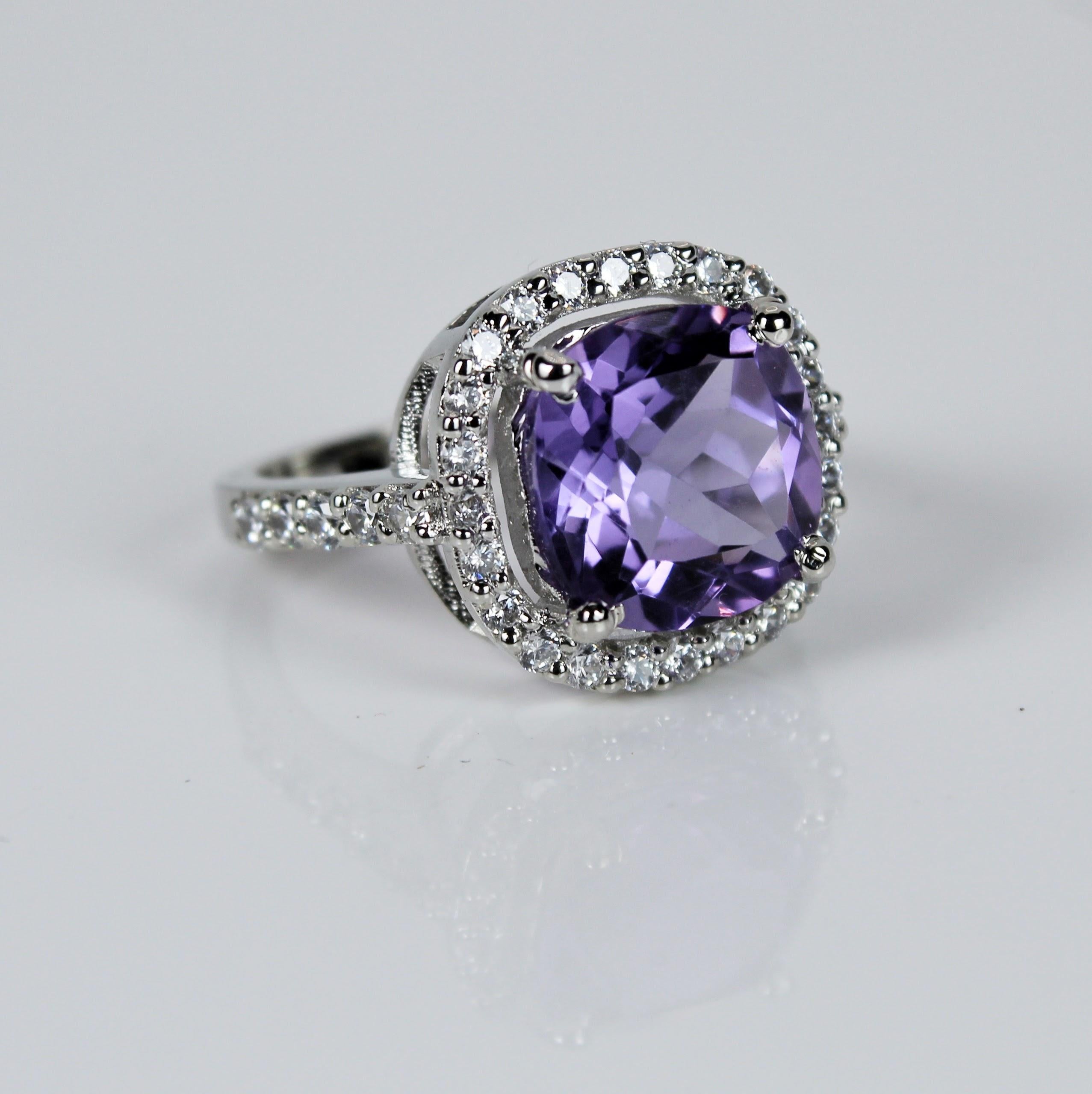Product Details:

Metal - Silver
Indian ring size - 10
Product gross Weight - 4.360 Grams
Gemstone - Natural amethyst
Stone weight - 4 Carat
Stone shape - Cushion
Stone size - 10 x 10 mm

Elegant designer ring made in silver with beautiful cushion