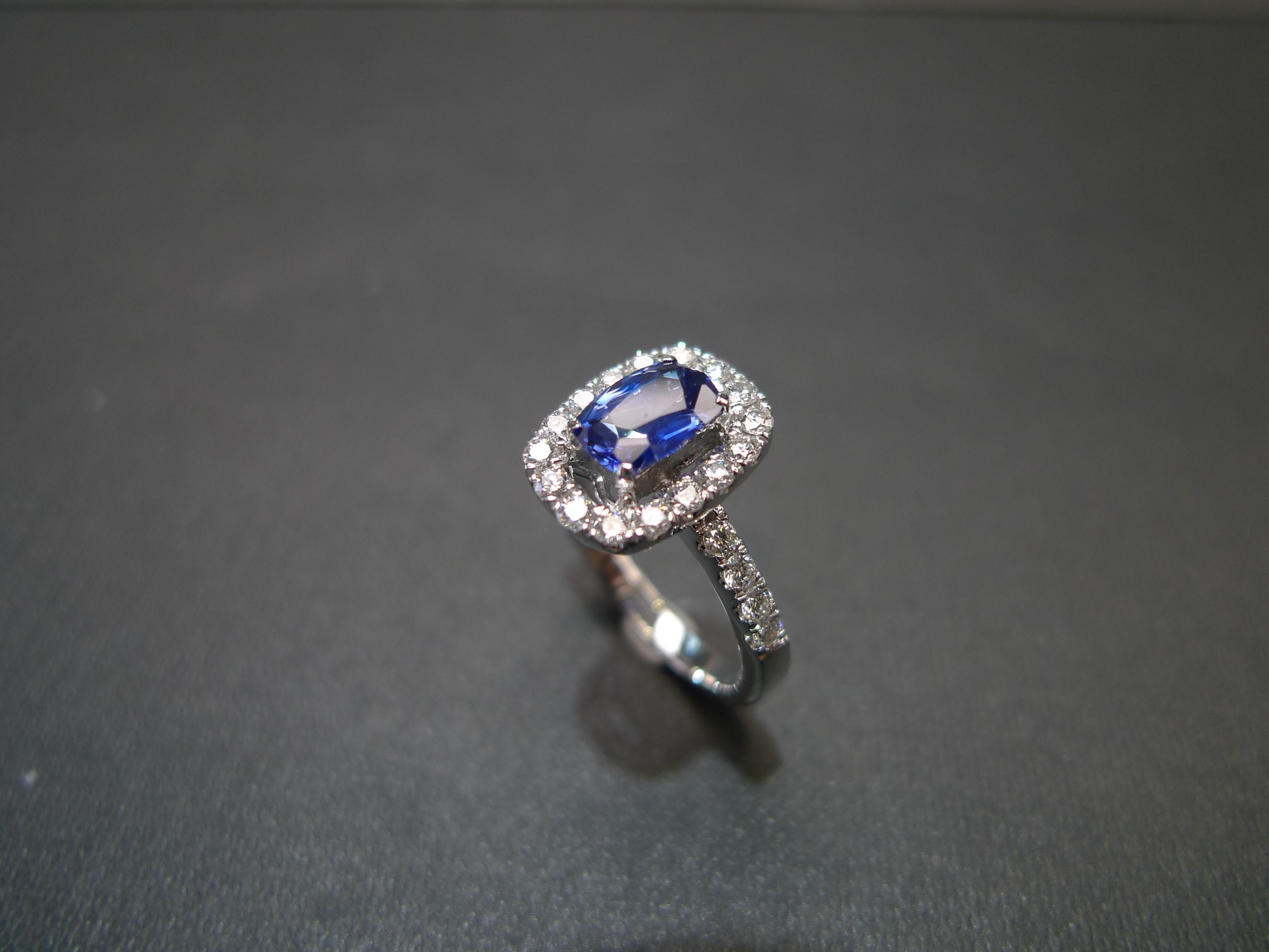 For Sale:  Cushion Cut Natural Burma Blue Sapphire Diamond Halo Engagement Ring White Gold 10