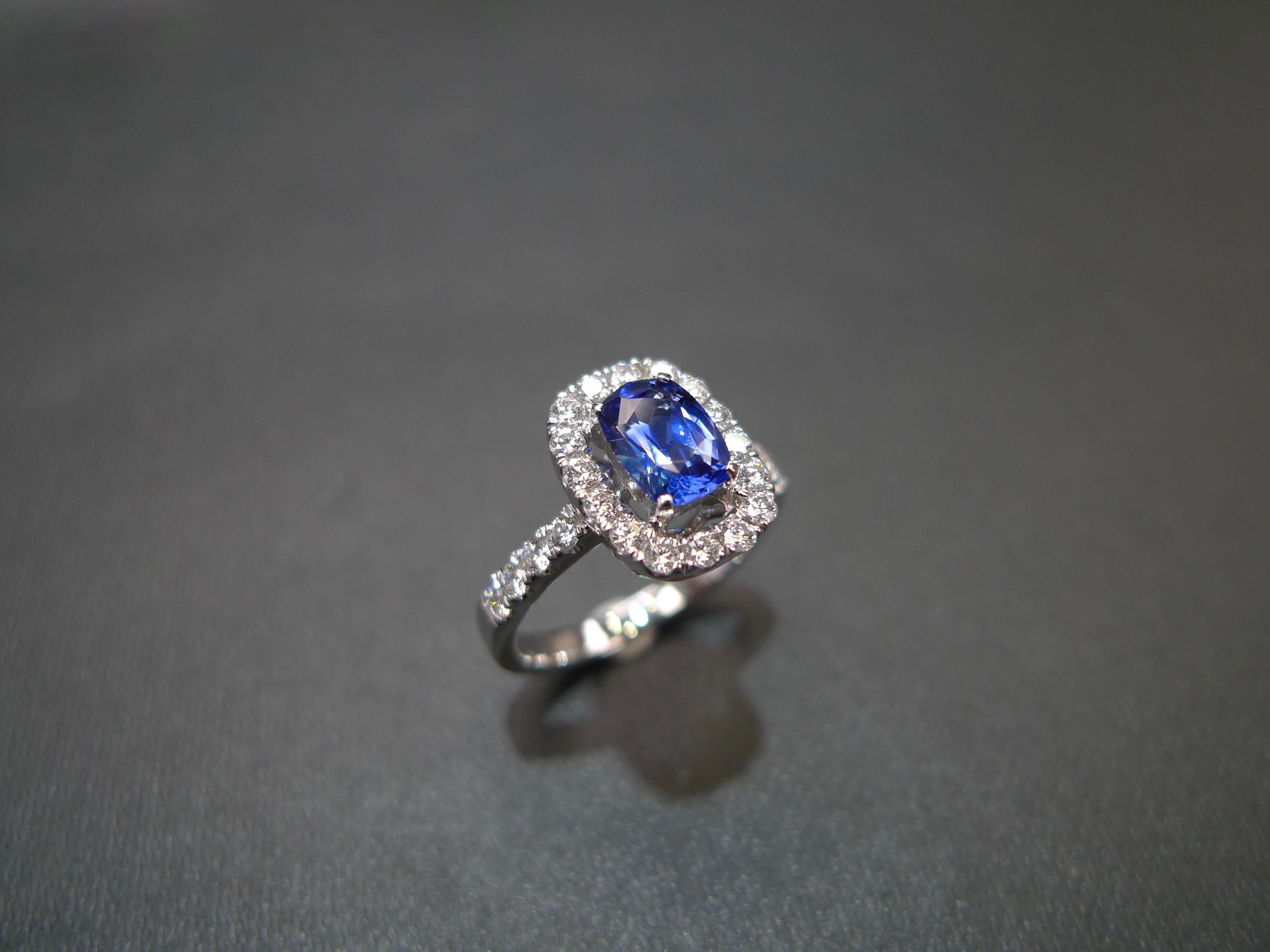 For Sale:  Cushion Cut Natural Burma Blue Sapphire Diamond Halo Engagement Ring White Gold 3