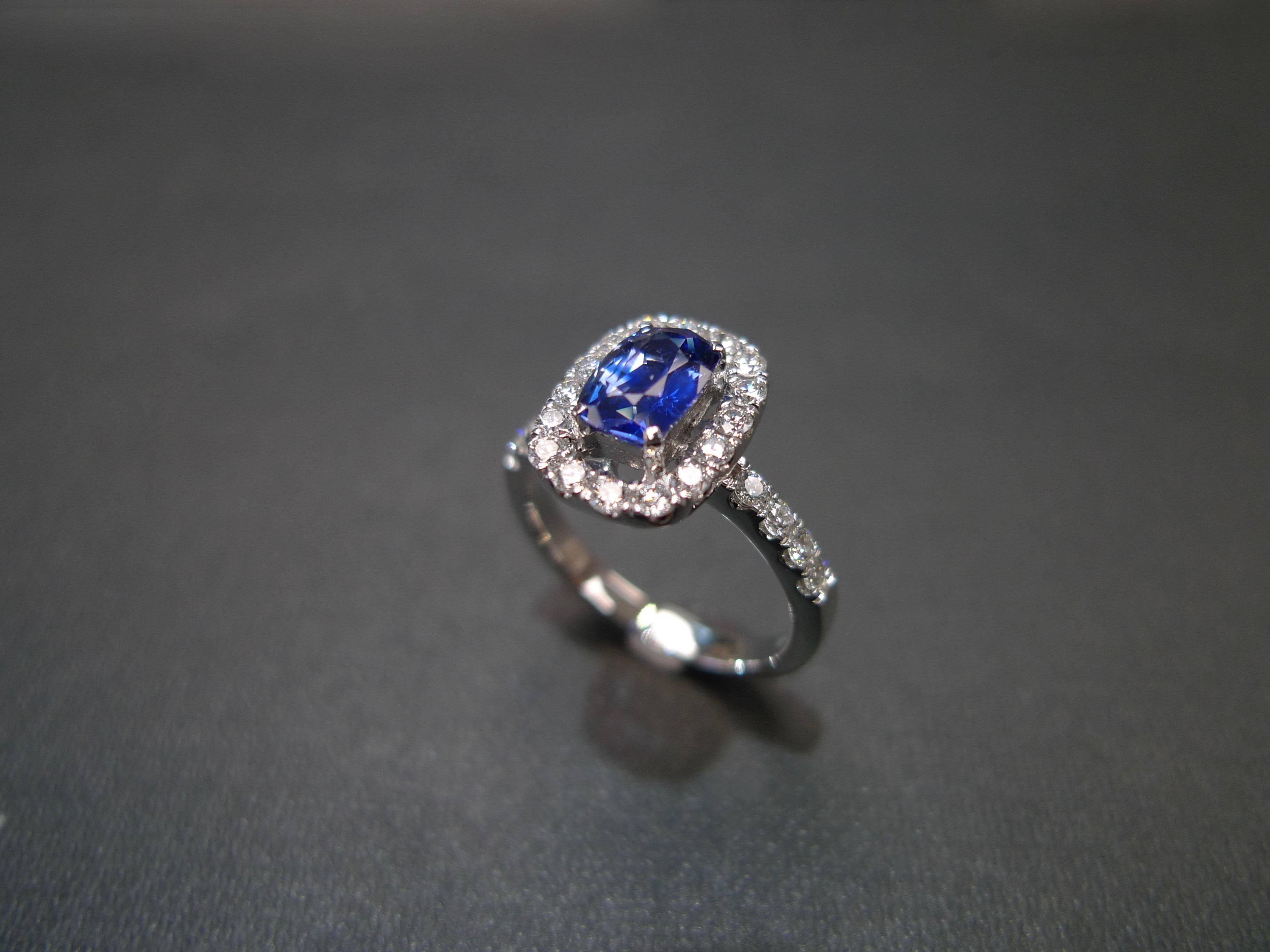 For Sale:  Cushion Cut Natural Burma Blue Sapphire Diamond Halo Engagement Ring White Gold 4