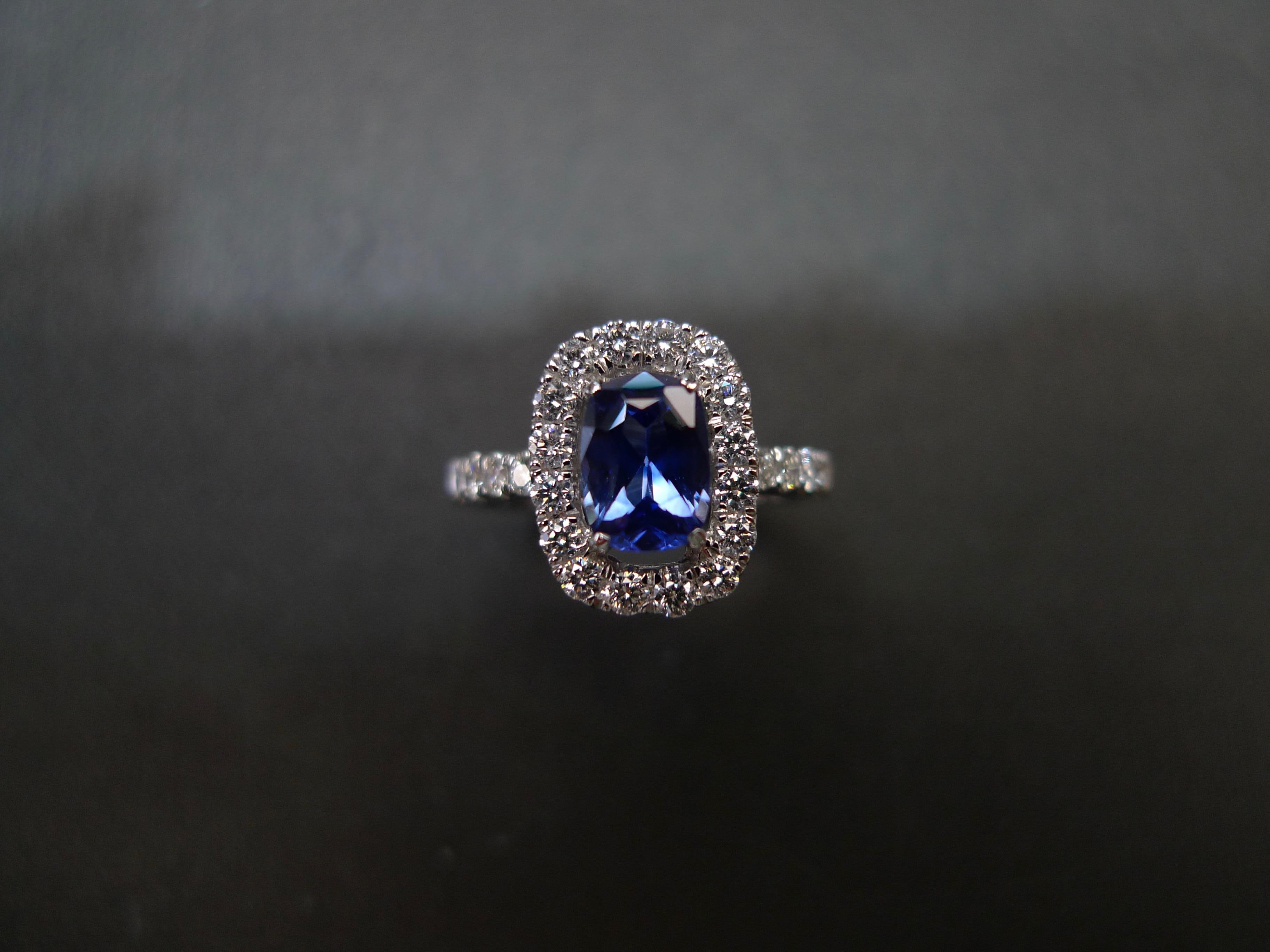 For Sale:  Cushion Cut Natural Burma Blue Sapphire Diamond Halo Engagement Ring White Gold 5