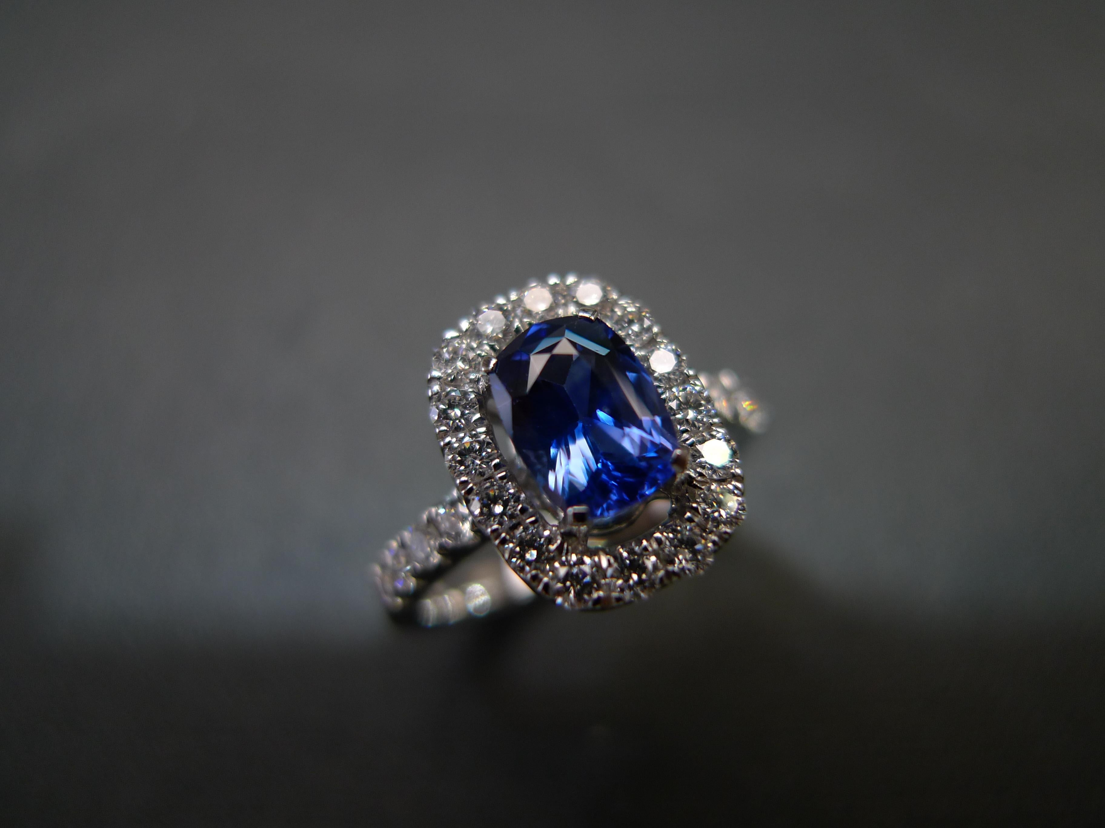 For Sale:  Cushion Cut Natural Burma Blue Sapphire Diamond Halo Engagement Ring White Gold 6