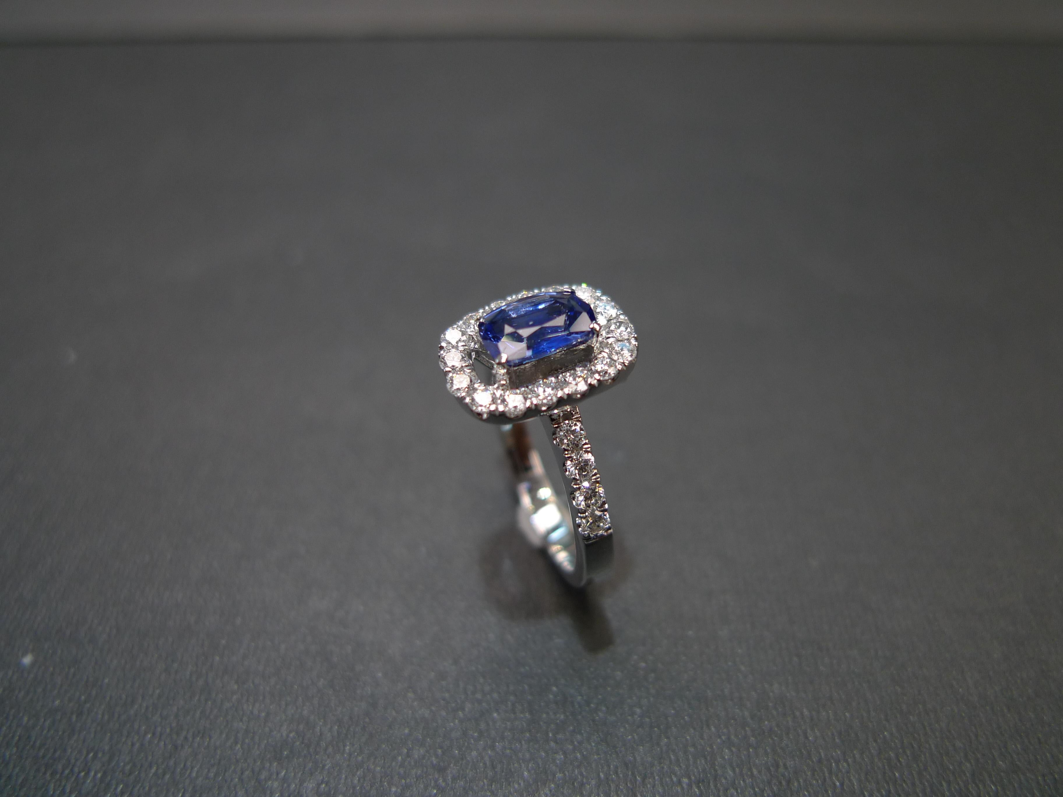 For Sale:  Cushion Cut Natural Burma Blue Sapphire Diamond Halo Engagement Ring White Gold 7