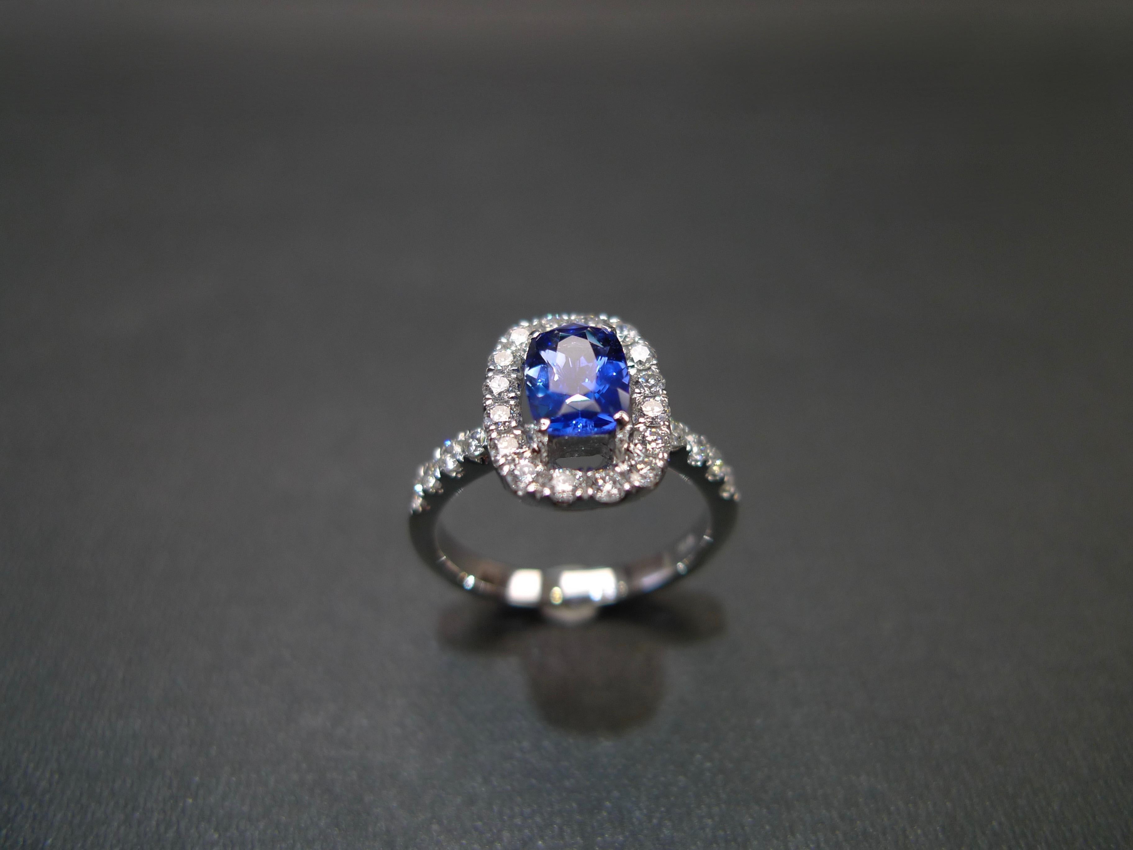 For Sale:  Cushion Cut Natural Burma Blue Sapphire Diamond Halo Engagement Ring White Gold 8