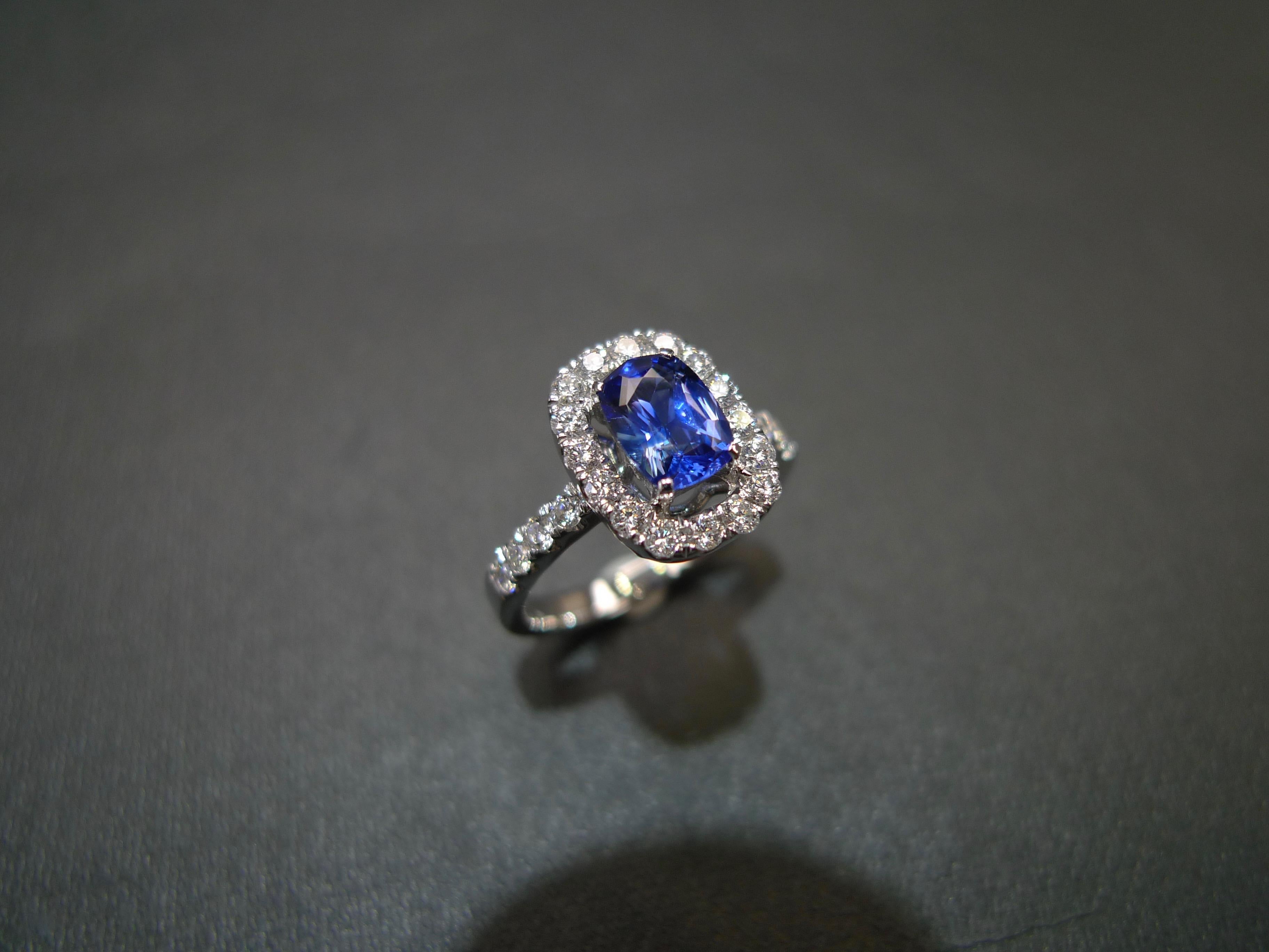 For Sale:  Cushion Cut Natural Burma Blue Sapphire Diamond Halo Engagement Ring White Gold 9