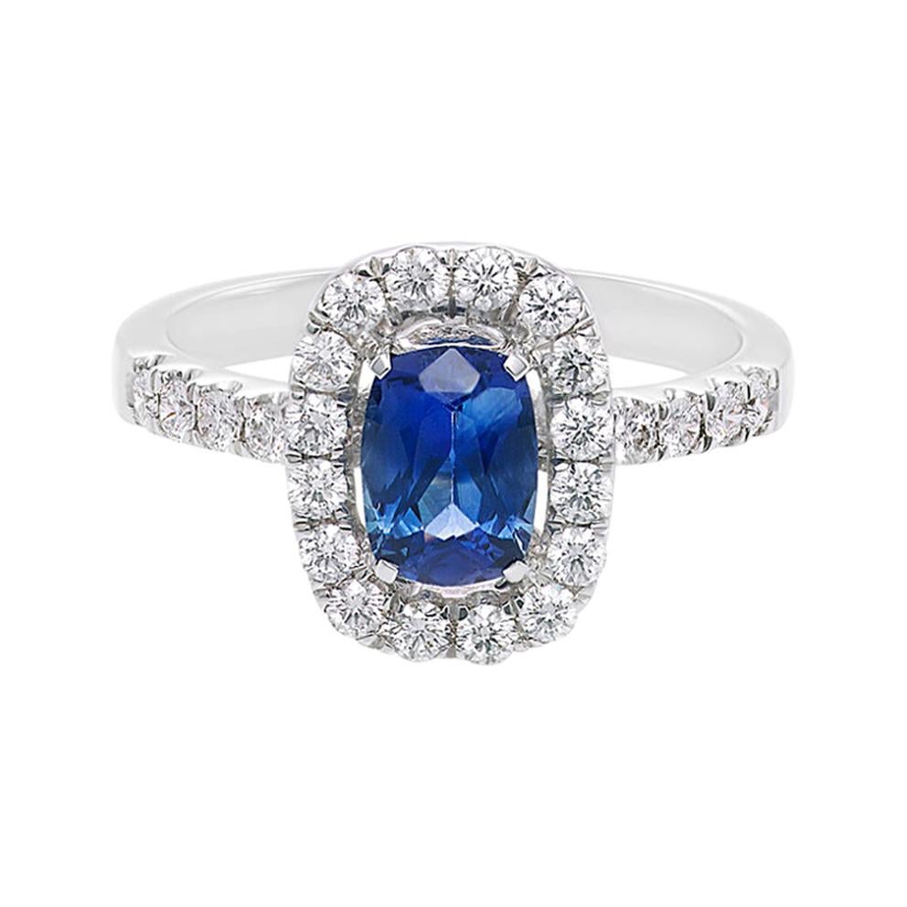 For Sale:  Cushion Cut Natural Burma Blue Sapphire Diamond Halo Engagement Ring White Gold