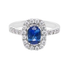 Cushion Cut Natural Burma Blue Sapphire Diamond Halo Engagement Ring White Gold