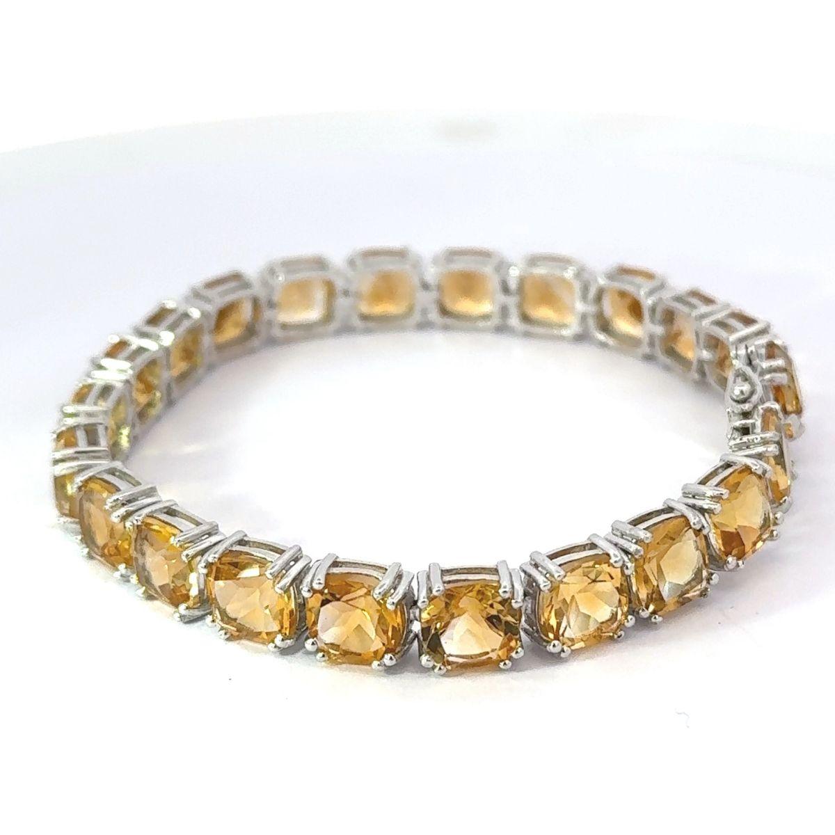Modernist Cushion Cut Natural Citrine Gemstone Unisex Tennis Bracelet in 925 Silver For Sale