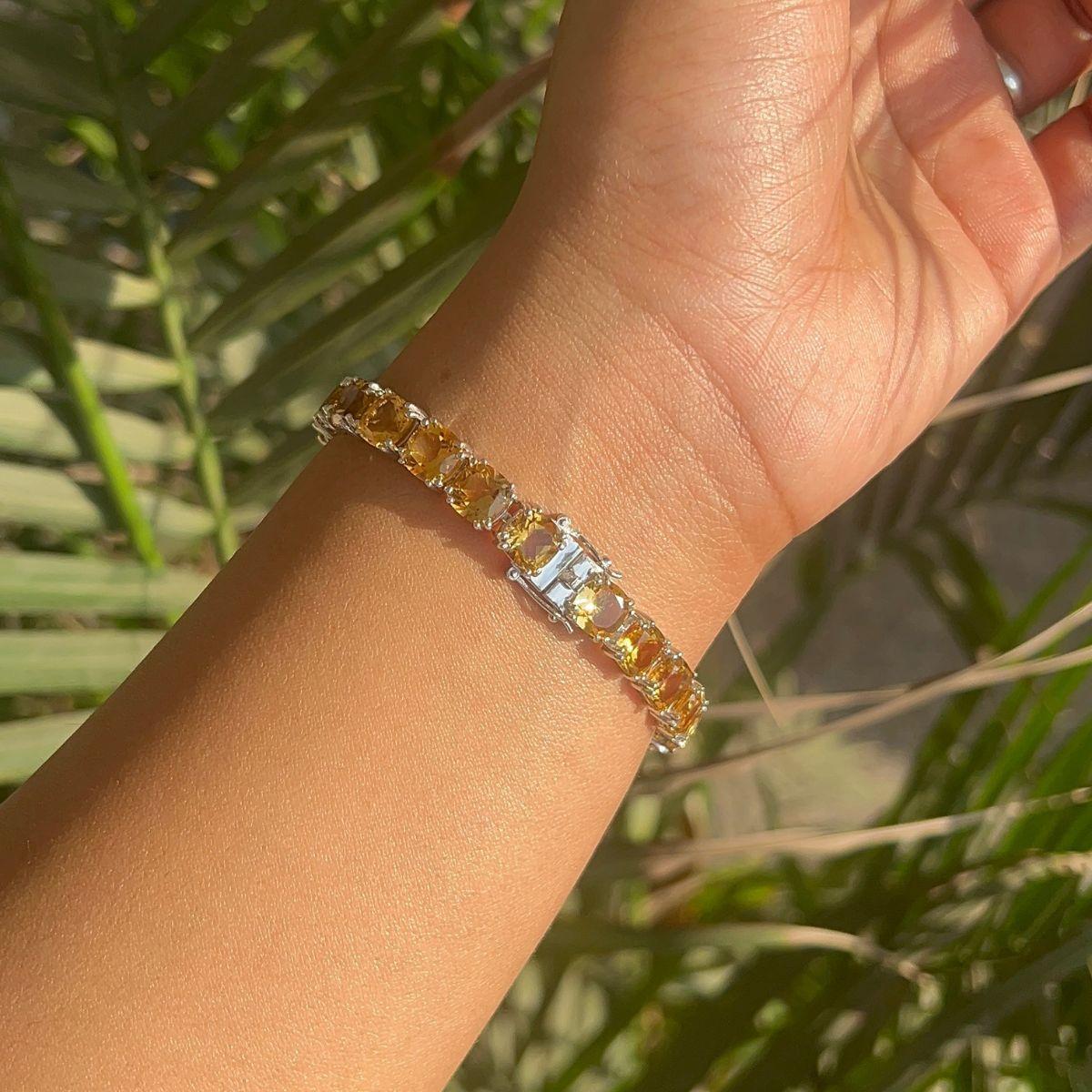 Cushion Cut Natural Citrine Gemstone Unisex Tennis Bracelet in 925 Silver For Sale 2