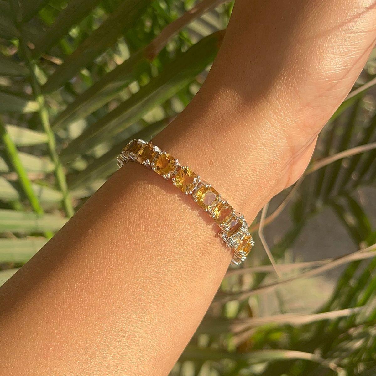 Cushion Cut Natural Citrine Gemstone Unisex Tennis Bracelet in 925 Silver For Sale 4