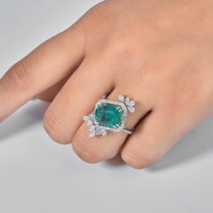 4.52 Carat Cushion-Cut Natural Emerald Halo Diamond Floral Ring, 14k White Gold