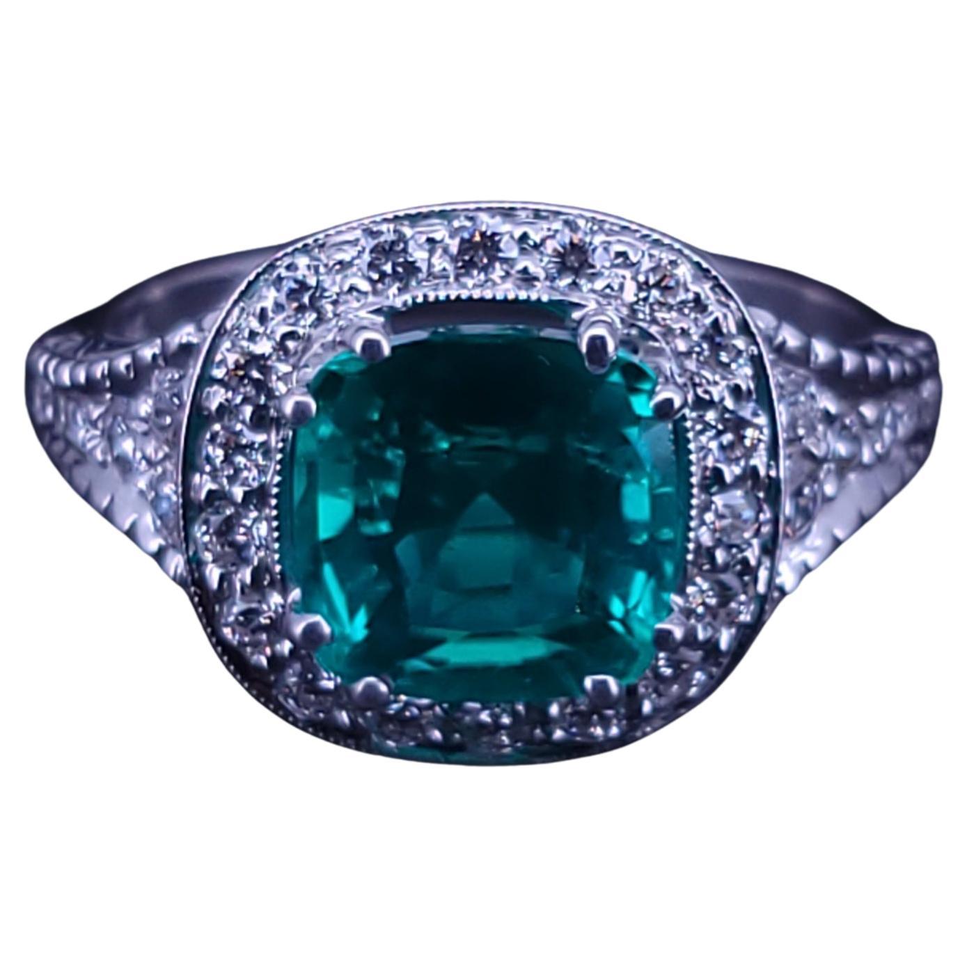 Cushion Cut Natural Emerald 
Diamond Ring in 18K White Gold For Sale