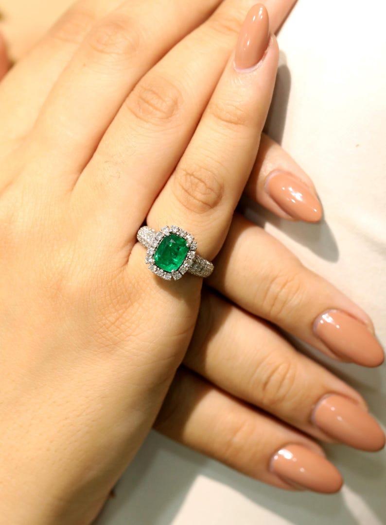 Contemporary Cushion cut Natural emerald diamond ring White gold prong set ring