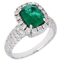 Cushion cut Natural emerald diamond ring White gold prong set ring