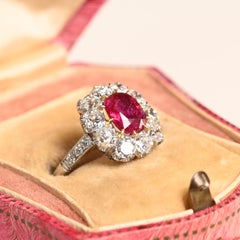 AGL Burma Ruby Halo Ring. 1.40ct Unheated Cushion Cut Ruby Diamond Platinum Ring