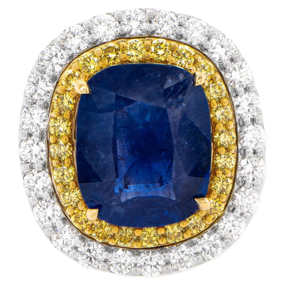No Heat 18 Carat Sapphire Ring With Double Diamond Halo For Sale