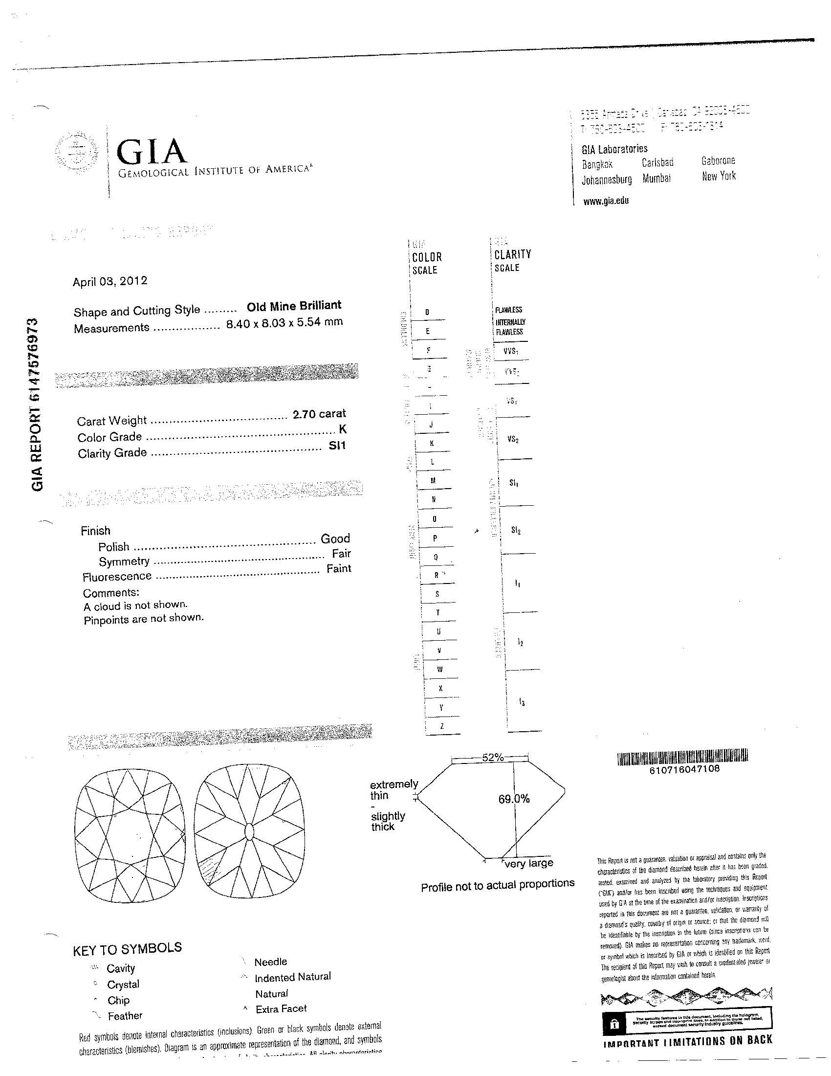 Platinum earrings set with 2 antique cushion-cut diamonds  suspended by 2 demi-lune shaped diamonds. Cushion-cut diamonds weigh 2.70 and 2.81 carats each. Accompanied by 2 GIA reports.