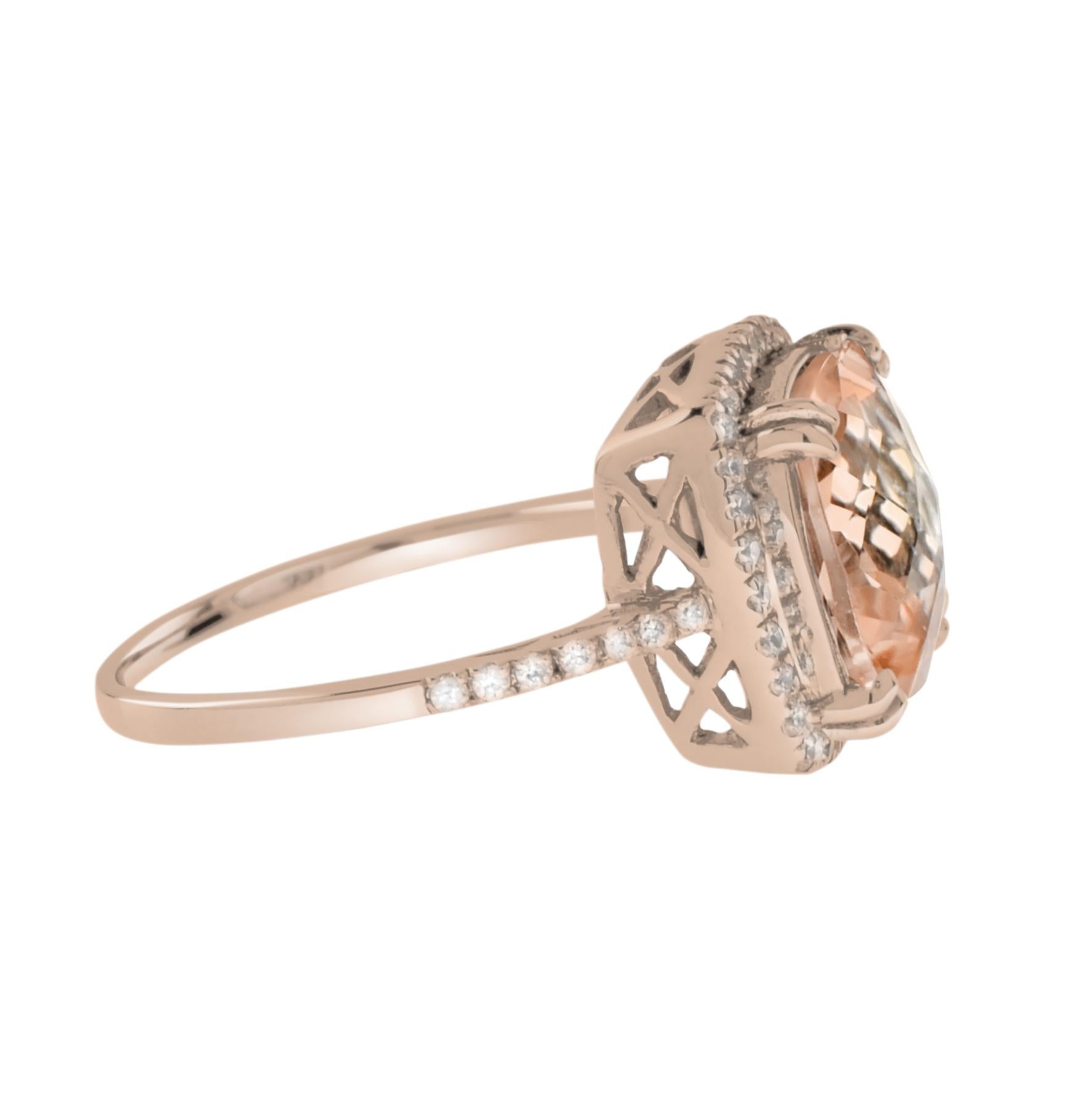 Cushion Cut Peach Orange Morganite & Diamond Halo Engagement 18K Rose Gold Ring In New Condition For Sale In Oakton, VA